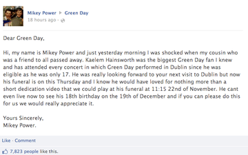 Facebook & Twitter Users Call on Green Day to Record Message for Funeral of Tragic Irish Fan
