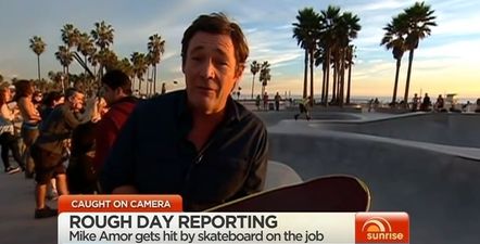 OUCH That Had To Hurt – TV Reporter Gets Struck in The Head by Skateboard