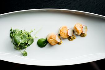 RECIPE – Seared Scallops With Watercress Puree, Watercress Salad, Passion Fruit and Radish
