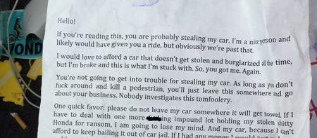 Man Leaves The Perfect Note To Prevent His Car Being Stolen And It Works Perfectly