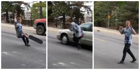 The terrifying moment a skateboarder ALMOST gets flattened