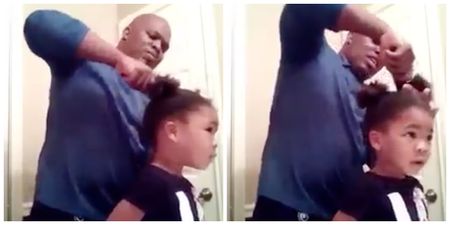 You need to see this adorable little girl encouraging her dad as he does her hair before school