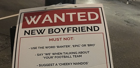 Woman prints poster with hilarious demands to find a new boyfriend