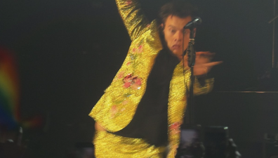 Harry Styles takes a tumble after fans throw kiwis onto the stage