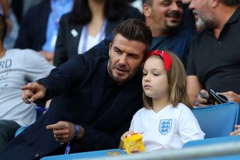 David Beckham shares adorable photos as he and Harper cheer on England women’s football team