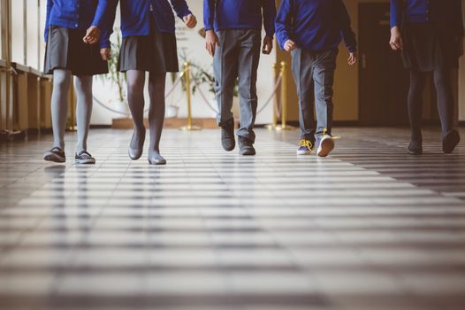 Students in uniform walk in the hall together