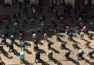 109 strollers left empty in Lviv square in memory of children killed in Ukraine