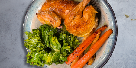 Air-fried carrots, parsnips, and crunchy kale paired with crispy chicken– A modern comfort classic